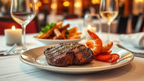 Gourmet dining setup with steak and seafood, ideal for celebrating promotion in Miami.