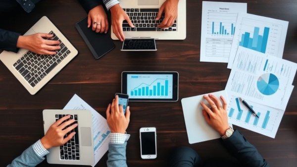 Overhead view of digital tools for compliance in office setting.