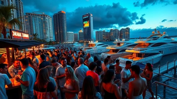 Seaspice Sundays Miami event with lively crowd by the waterfront bar.