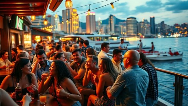 Lively crowd enjoying Seaspice Sundays at waterfront bar.