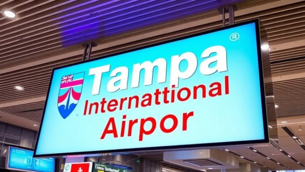 Tampa International Airport signage with vibrant logo indoors.