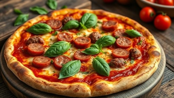 Best Pizza Restaurants in Miami: Gourmet pizza with basil and sausage on a wood table.