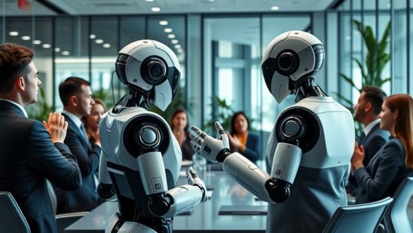 Futuristic AI robot enhances team meeting with applauding audience in a conference room.