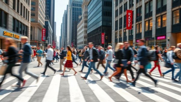 Dynamic city crosswalk illustrating financial data analysis for entrepreneurs amidst bustling activity.