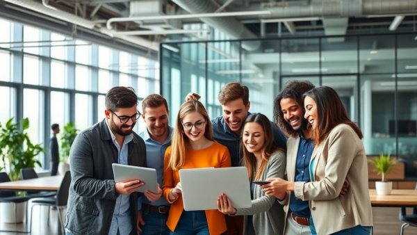 Diverse team using laptop in modern office, Best LMS for Small Businesses.