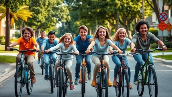 Group of children and adults biking together for school commute