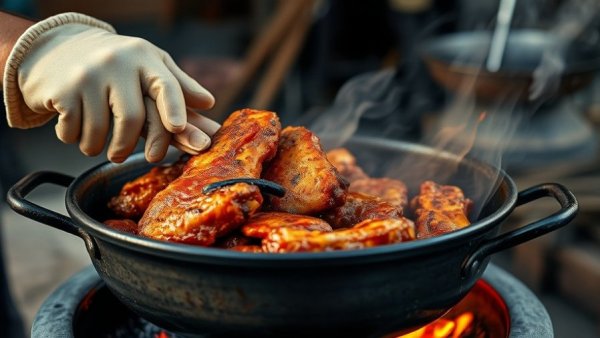 Crispy pork being cooked over flame in Chiang Mai.