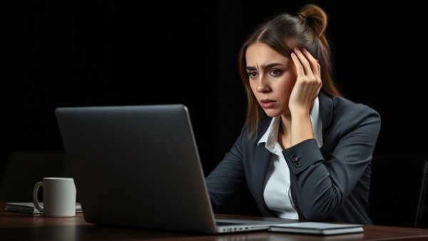 Business owner self-sabotage depicted with a worried businesswoman in dim office