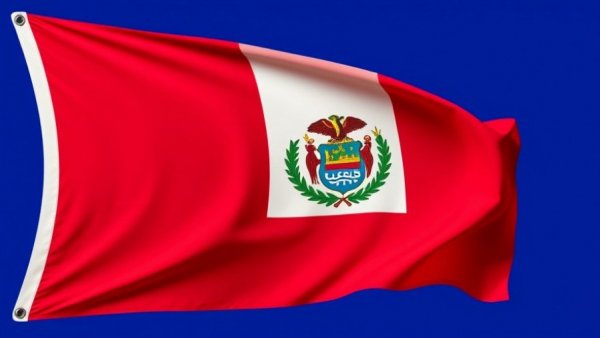 Peru national flag displayed with emblem on a blue background.