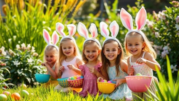 Children engaged in Easter egg hunt for visually impaired, sunlit garden.