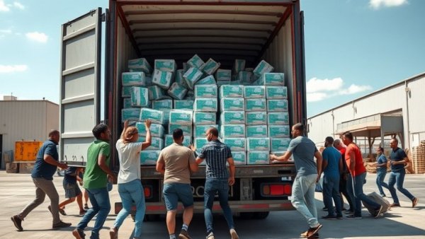 Humanitarian aid convoy unloading supplies, collaborative outdoor scene.