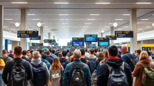 Airport security checkpoint with travelers in line and signage overhead.