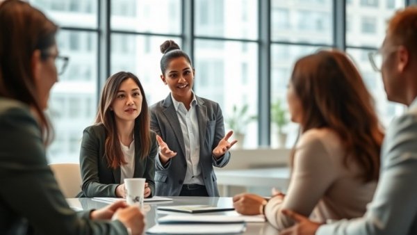 Career coaching session for small businesses in a modern office.