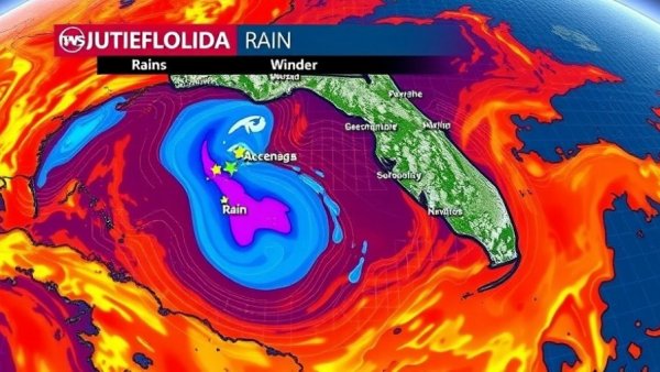 South Florida weather forecast map showing wet and windy conditions.