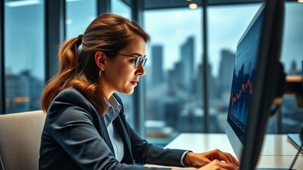 Businesswoman solving cashflow problems in a modern office setting.