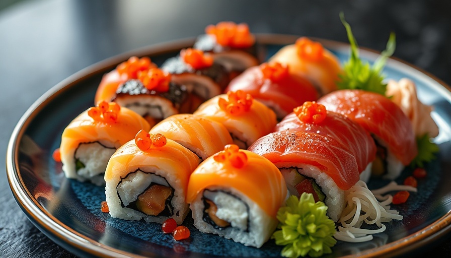 Sushi platter at Miami restaurants where you can eat at the bar, vibrant rolls.
