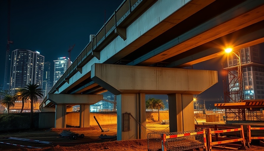 FIU pedestrian bridge construction support structure at night.