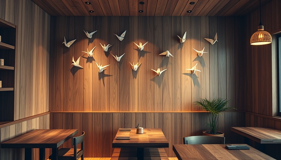 Wabi Sabi sushi spot interior with origami art and natural decor.