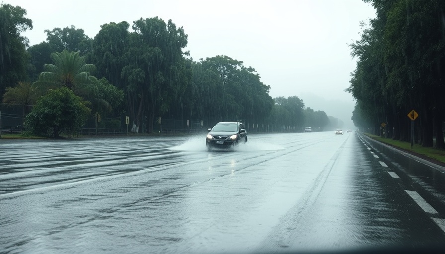 Chantal flash floods cause wet road conditions with vehicle navigating.