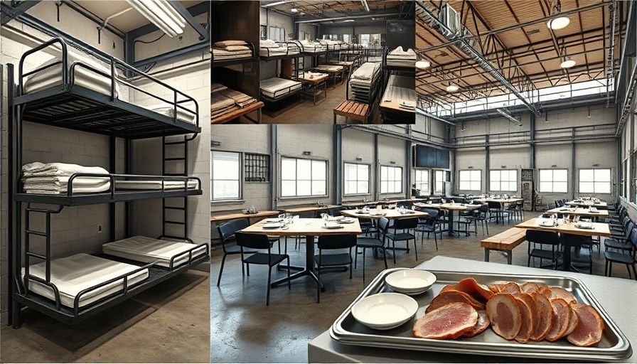 Interior collage with bunk beds, dining area, food tray.