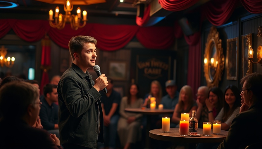 Comedy show in Miami, comedian on stage, dimly lit venue.