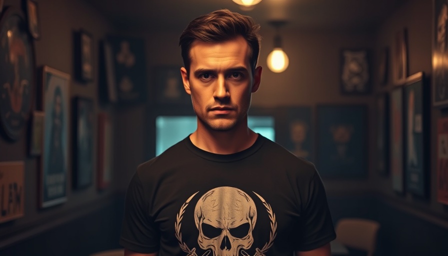 Willie Wheels music: Man with skull shirt standing in gritty room.