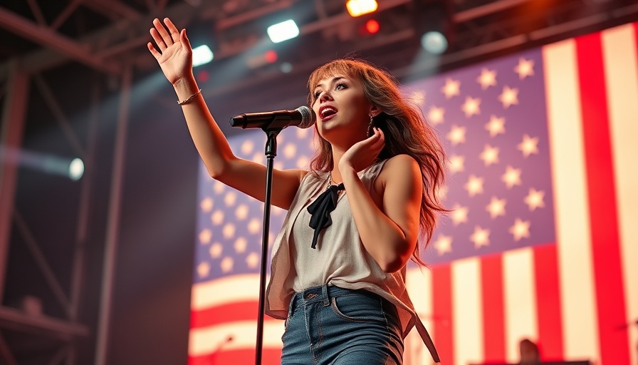 Shania Twain performing energetically at Miami concert with American flag backdrop.