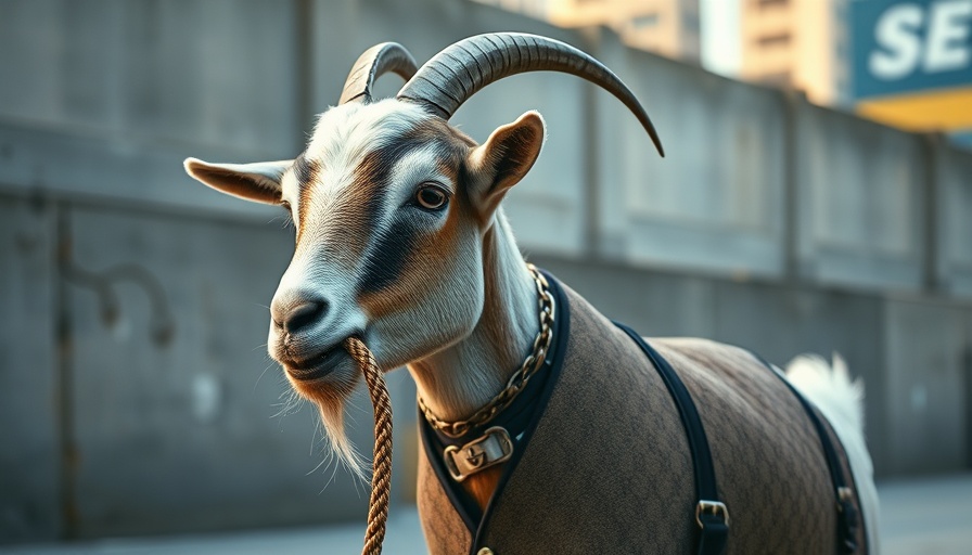 Fashionable Gucci-wearing goat in Miami urban scene.