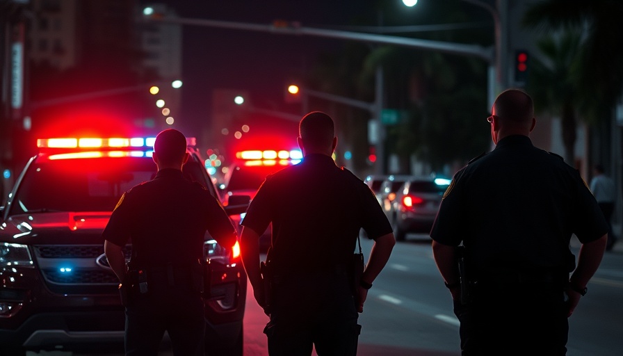 Miami police officers near vehicles at night, emergency lights flashing.