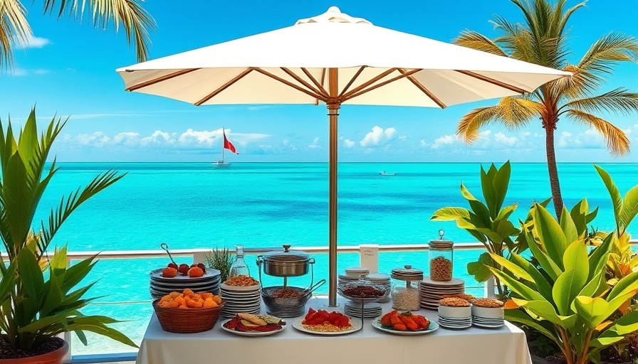 Miami waterfront brunch buffet setup with tropical scenery.