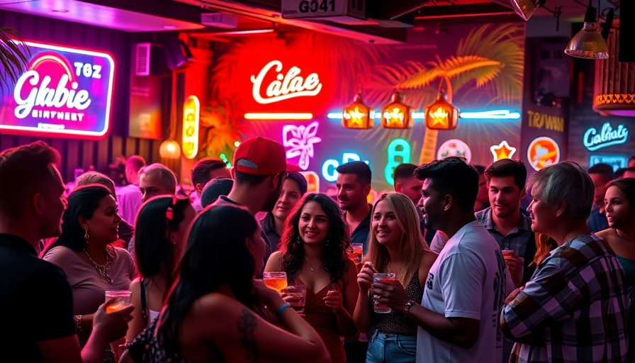 Vibrant Miami nightlife with neon lights and lively crowd.