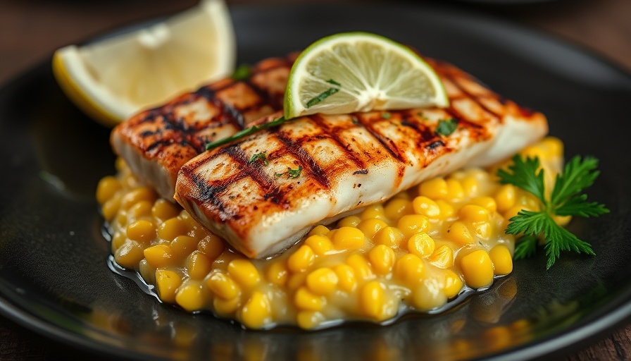 Miami Spice 2025 gourmet grilled fish with corn relish on a plate.