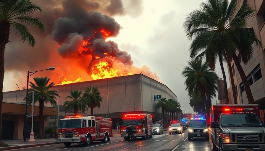 Medley warehouse fire incident with smoke and emergency response.