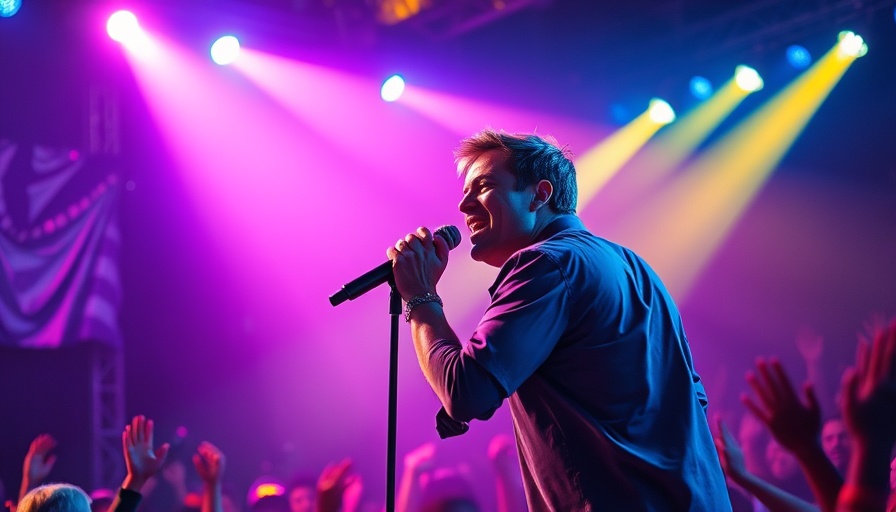 Vibrant concert scene highlighting energetic performer with neon lighting.