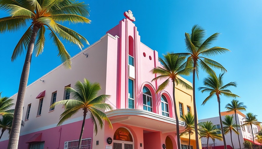 Art Deco architecture in Miami with colorful pastel buildings and palm trees.