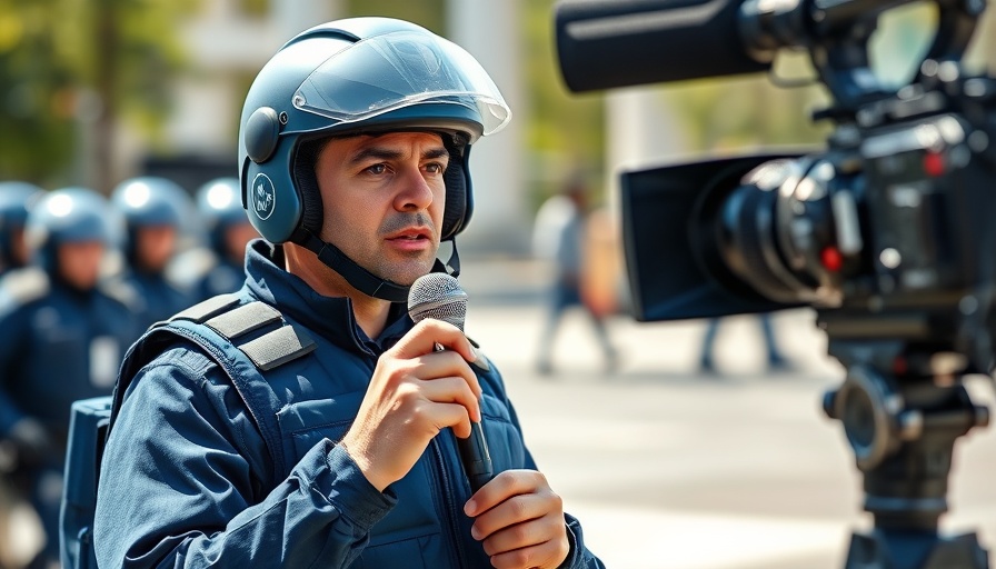 Journalist in protective gear reporting with a camera, highlighting journalists protection.