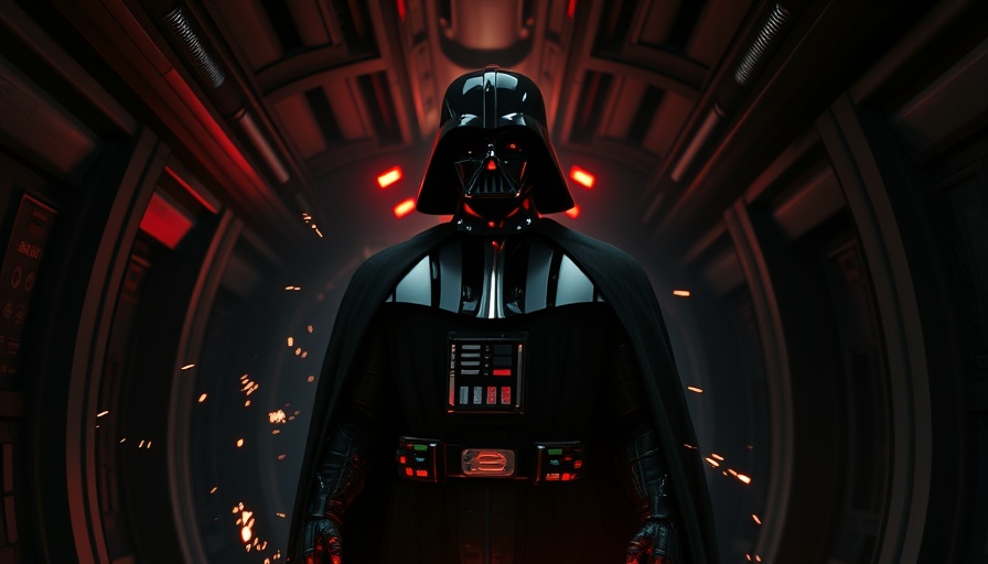 Iconic Film Villain Darth Vader in action scene with sparks flying.