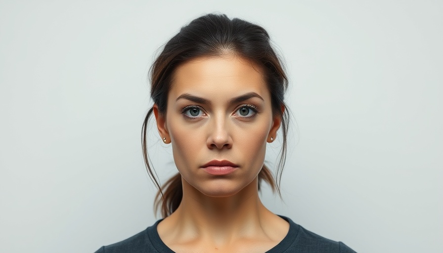 Serious woman in mugshot against a plain background.