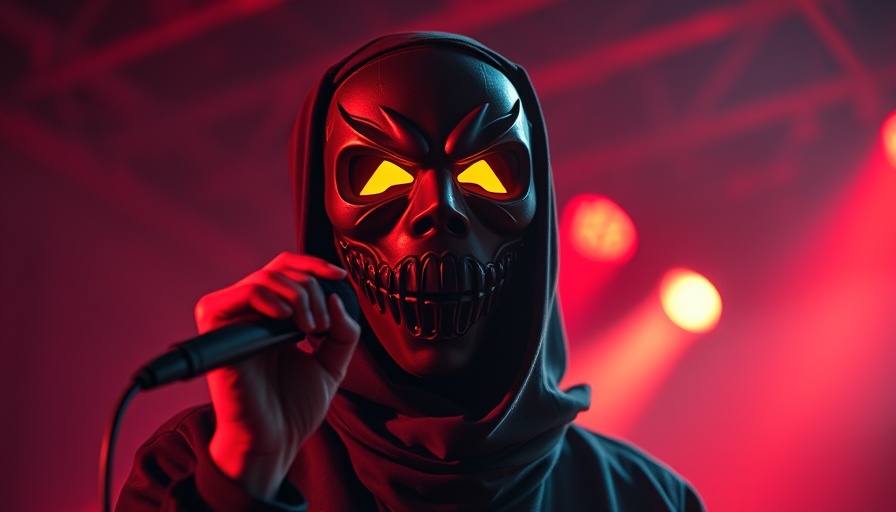 Mysterious performer with glowing mask at a concert in Miami.