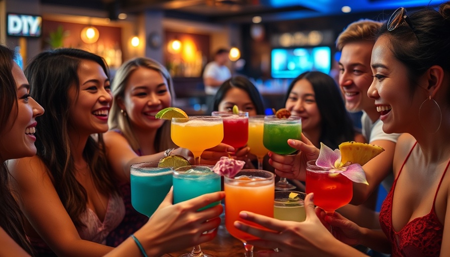 Lively gathering with colorful cocktails toasted at South Florida bar.