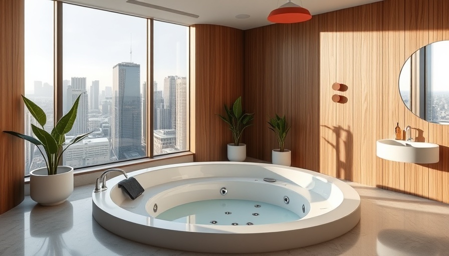 Luxurious bathroom with jacuzzi tub and city skyline.