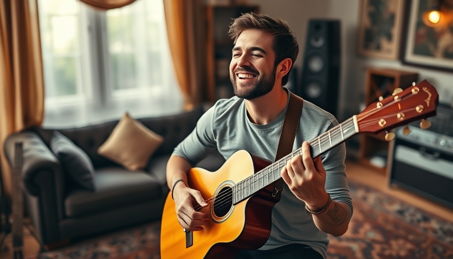 Queer artist joyfully playing guitar in a cozy studio.
