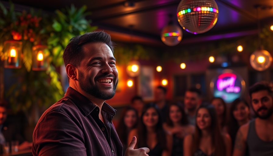Comedian performing in dimly-lit Miami comedy club with audience.