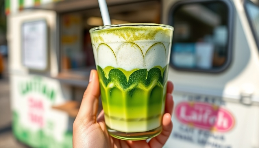 Layered matcha drink at Miami pop-up, clear cup in hand.