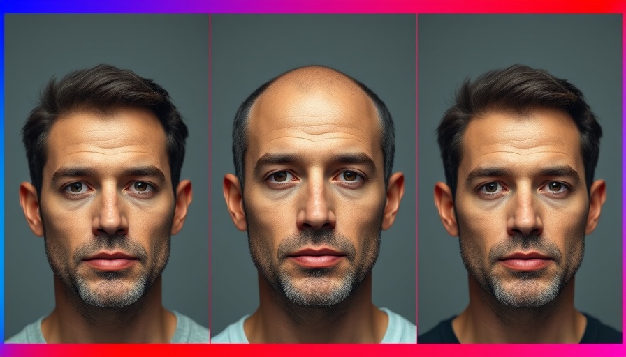 Three men in triptych format, neutral expressions, with red and blue gradient border.