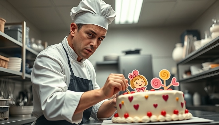 Baker decorating cake in kitchen, highlighting protecting copyright culinary creations.