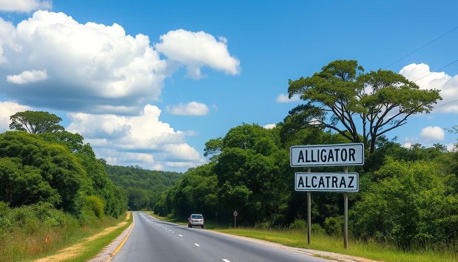 Rural road to Alligator Alcatraz closure with sign.