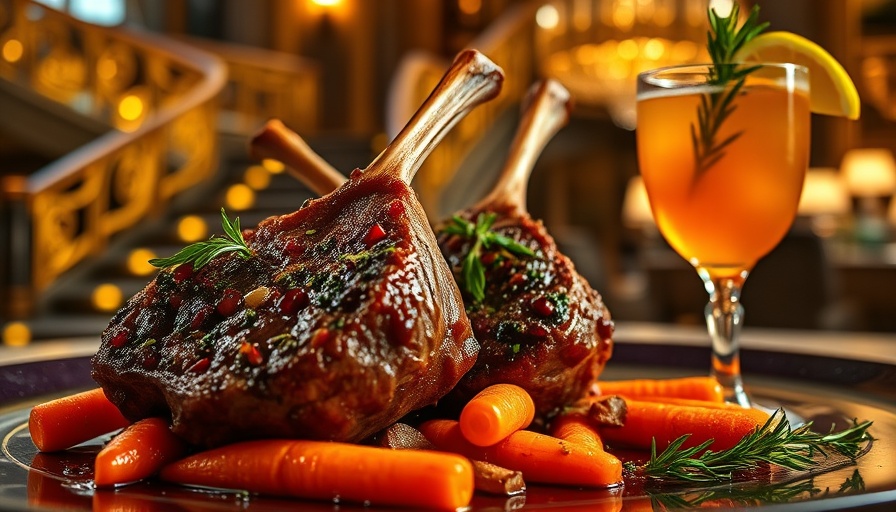 Elegant restaurant with gourmet dishes and a vibrant cocktail, Dinner Becomes the Night Out.