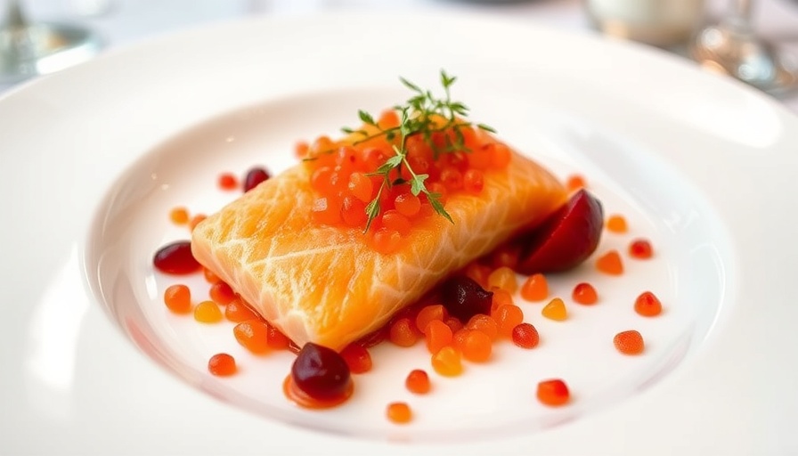Exquisite gourmet dish beautifully plated with salmon roe, fancy lunch in Miami.
