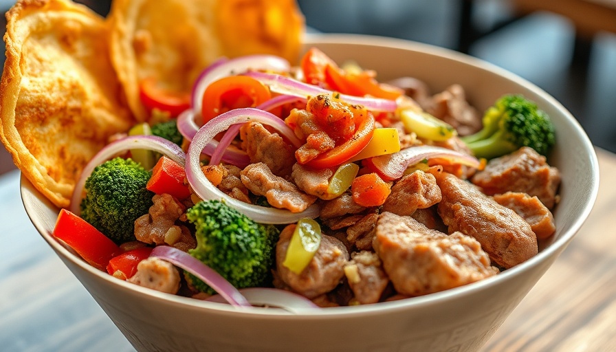 Mediterranean fast-casual dining bowl with pickled onions and vegetables.